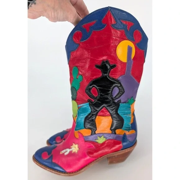 VTG Zalo Multicolor Leather Fringe Cowboy Boots 6.5 Western Boho Festival Art